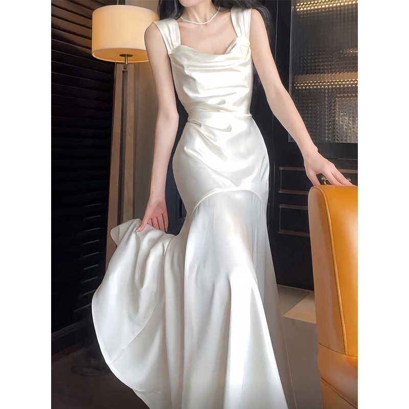 Elegant Mermaid Ivory Prom Dress Satin Birthday Dress J6527