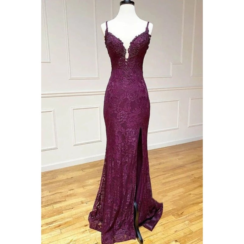 Elegant Mermaid Grape Lace Long Prom Dress Formal Evening Dress With Slit J6556