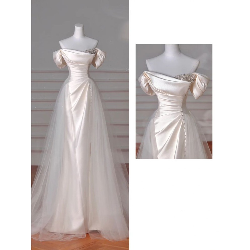 Elegant Off The Shoulder Satin Beaded Mermaid Evening Dress J6728