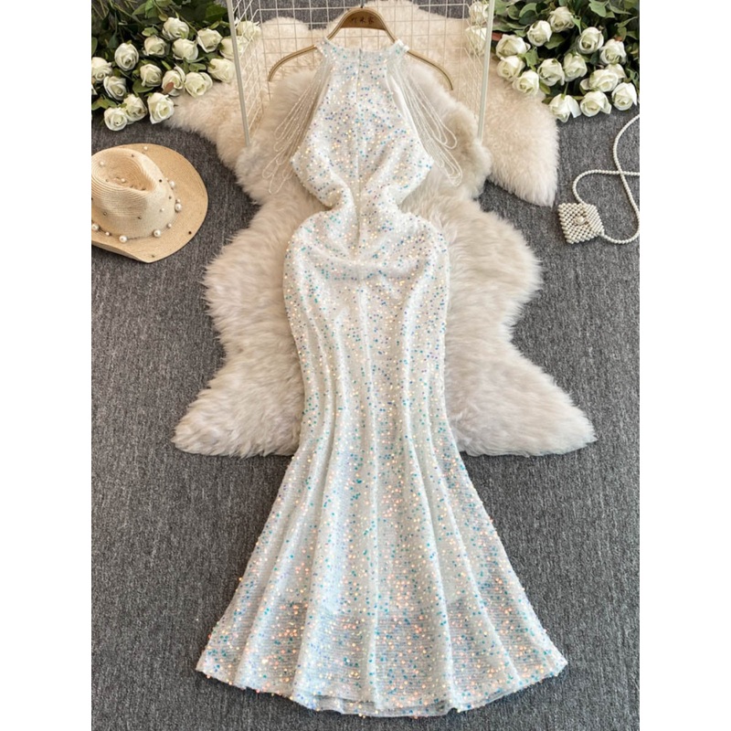 Women's Halter Neck Mid-length Glitter Dress L49