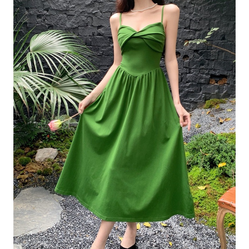 Women's Summer Elegant Green Spaghetti strap Dress  422