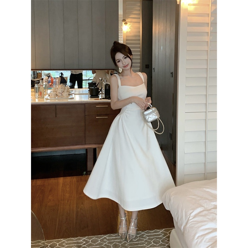 Women White  A-Line Dress 2023 Summer French Style Long Skirt  391