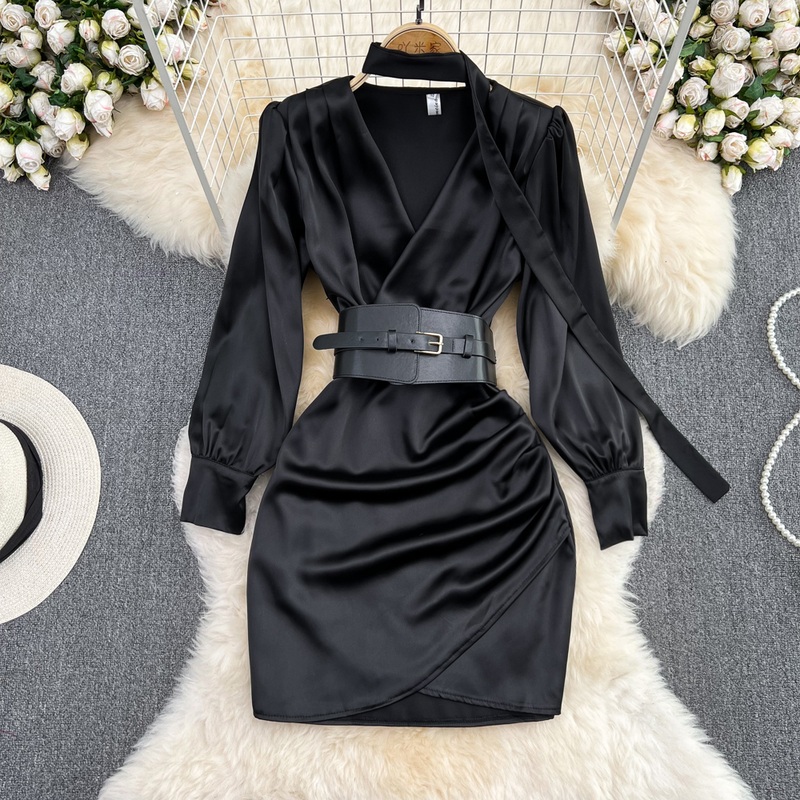 Autumn Satin Black V Neck Dress Long Sleeves Sheath Dress 1299
